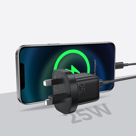 Joyroom mała szybka ładowarka USB Typ C PD 25W wtyczka UK czarny + kabel USB Typ C - USB Typ C (L-P251)