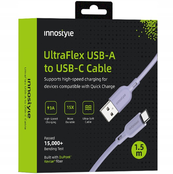 INNOSTYLE ULTRAFLEX KABEL USB-C SZYBKIE ŁADOWANIE DO IPHONE SAMSUNG QC 4.0 KEVLAR 2M FIOLETOWY