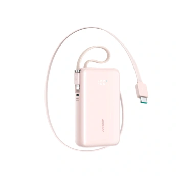Powerbank Joyroom JR-PR2L 10000mAh 35W z wbudowanym zwijanym kablem USB-C i kablem-smyczą Lightning - różowy