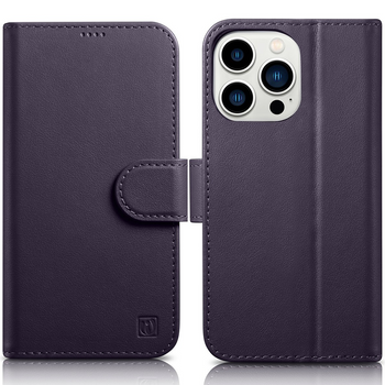 iCarer Wallet Case 2in1 etui iPhone 14 Pro skórzany pokrowiec z klapką Anti-RFID ciemnofioletowy (WMI14220726-DP)
