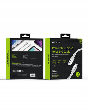 INNOSTYLE POWERFLEX KABEL USB-C SZYBKIE ŁADOWANIE DO IPHONE SAMSUNG 3A 60W KEVLAR 2M SREBRNY